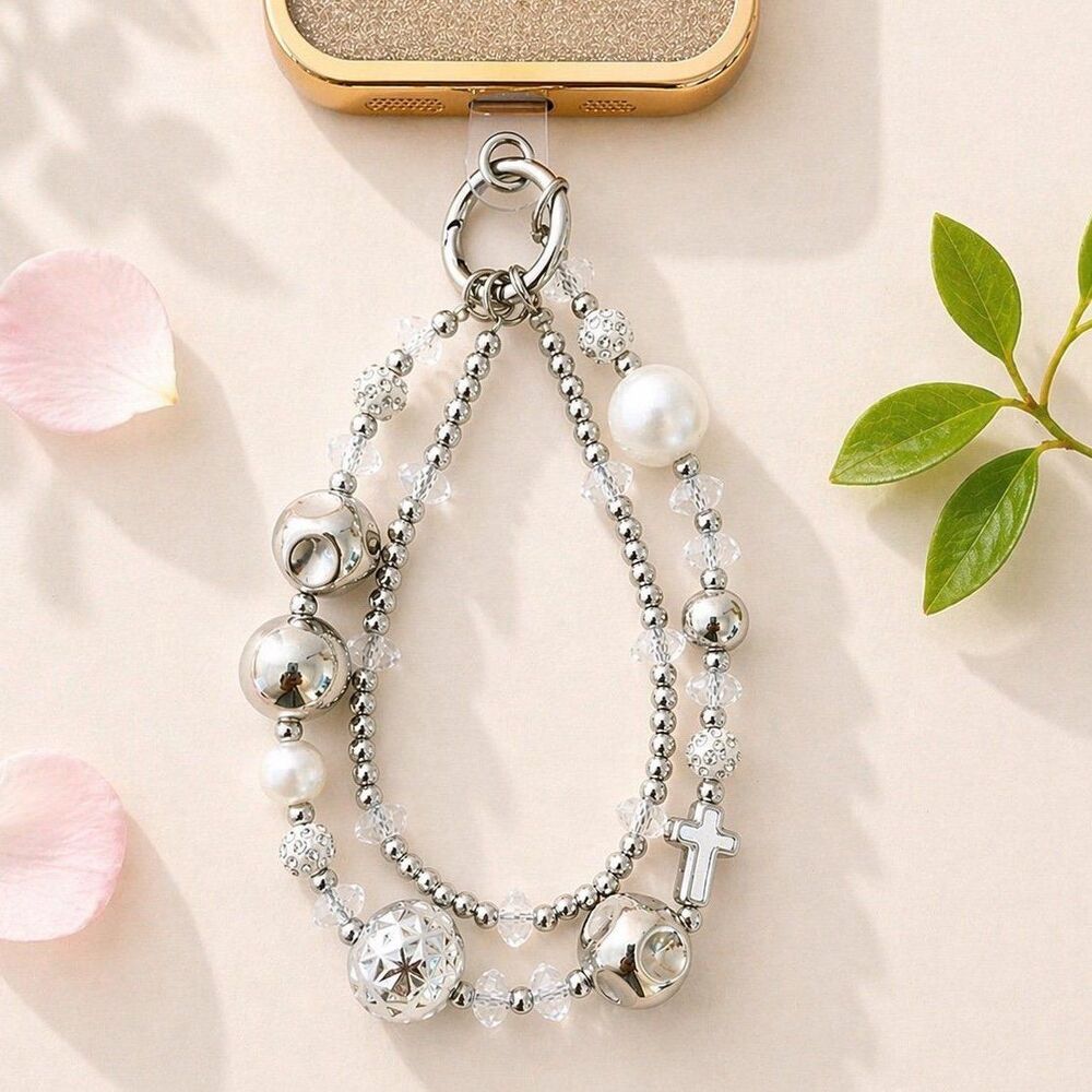 Beaded Phone Wrist Strap Silver Crystal Cross Charm Elegant Wristlet